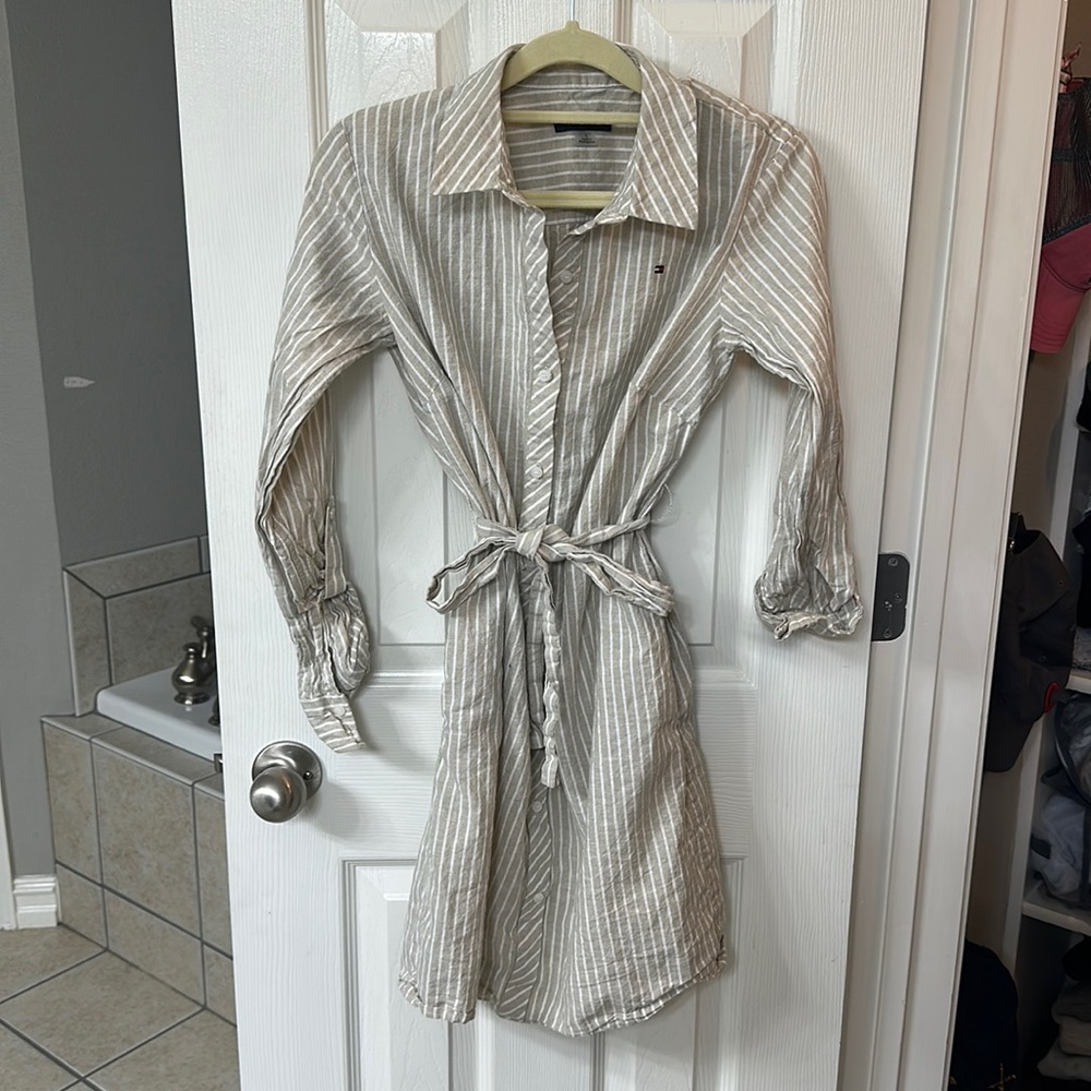 Tan and white striped Tommy Hilfiger shirt dress!